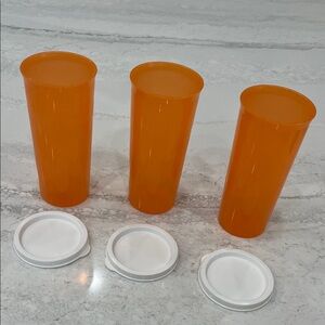 Set of Three Orange Plastic Tumblers with Lids